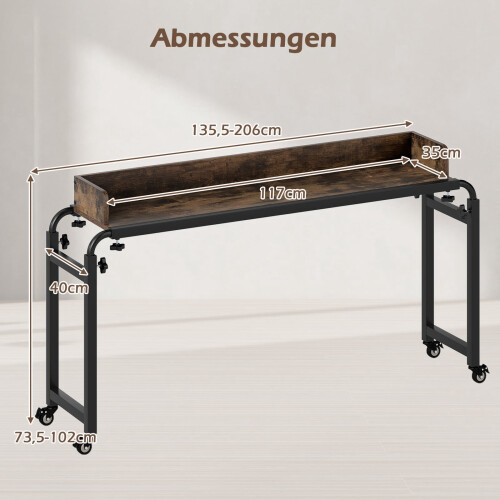 Mesa de cabeceira ajustável com rodízios, marrom rústico