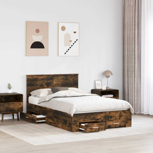 VidaXL vidaXL Bed Frame with Drawer Smoked Oak 120 x 190 cm Engineered Wood 2