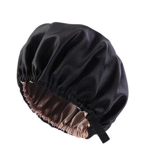 Satin Sleep Cap for Women, Adjustable Double Layer Night Sleep Bonnet Black 1
