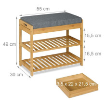 Bancs Ă chaussures - HELLOSHOP26 - 90 x 30 x 45 cm - Structure bambou - Coussin lin gris - 2 niveaux avec tiroir