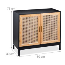 Commode - HELLOSHOP26 - Rétro étroite 2 portes - Rotin tressé - Poignées métal doré - Étagère réglable 3 hauteurs