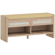 Bancs à chaussures - HELLOSHOP26 - 108 x 35 x 50 cm - Assise rembourrée - 2 tiroirs rotin - Finition effet chêne