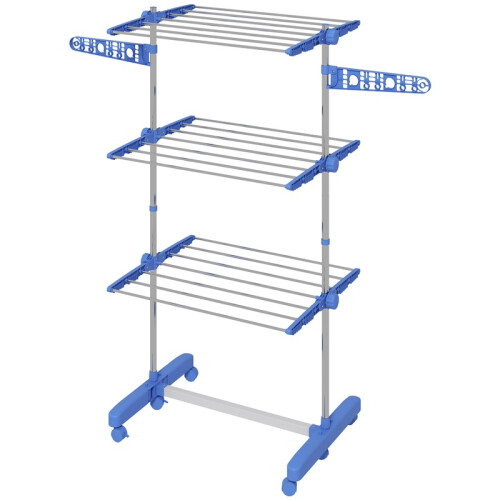 Étendoir à linge pliable à 4 niveaux, système de fixation facile, bleu et argent 1