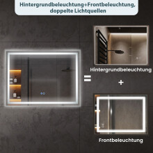 LED-Spa-Badezimmer-Set (3-teilig) – Weißer Aufbewahrungsschrank, 80 x 60 Spiegel mit Doppelbeleuchtung und Handtuchhalter aus Holz