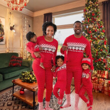 (Red, Kid 14Y) Red Print Family Matching Outfits Christmas Pajamas Set Parent-child Loose 2 Pieces Suit Baby Romper Homewear Xmas Look Pyjama