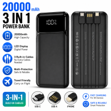 20000mAh Power Bank Fast Charge Built-in 3 Cables