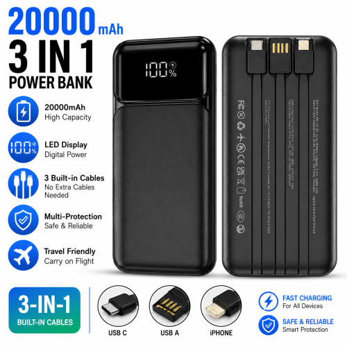 20000mAh Power Bank Fast Charge Built-in 3 Cables