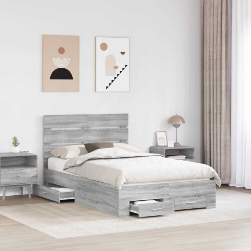 VidaXL vidaXL Bed Frame with Drawer Grey Sonoma 120 x 190 cm Engineered Wood 2