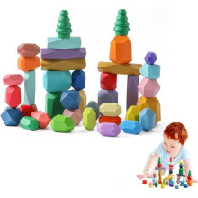Montessori Wooden Toys for Children, 38 PCS Forest Trees Stacking Stones Balancing Stones Building Blocks
