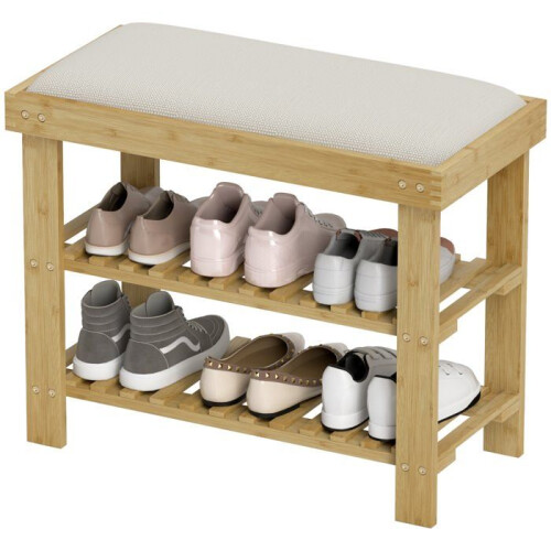 Bancos para sapatos - HELLOSHOP26 - 60 x 29 x 49 cm - Assento acolchoado - 2 prateleiras (6 p.) - Bambu creme