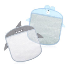 Fingertoys Set of 2 bath toy storage nets with 4 adhesive hooks (blue and grey)