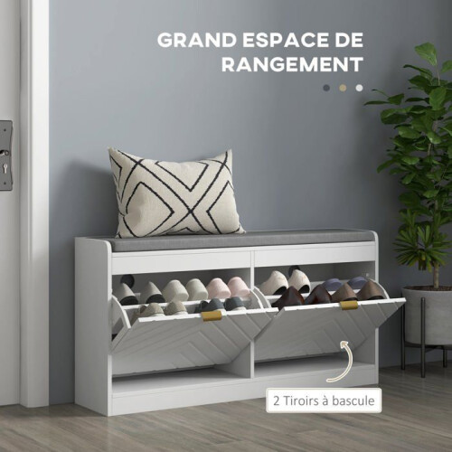Banco de sapatos com assento acolchoado 106 x 24 x 52,5 cm compacto com duas gavetas basculantes 2