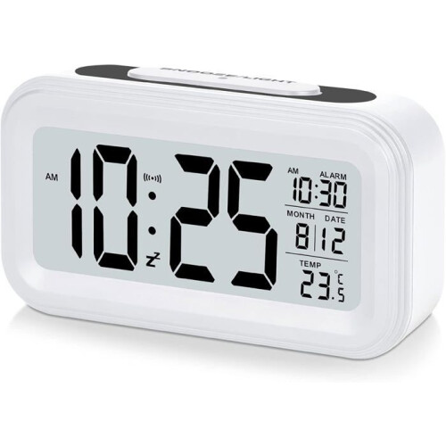 Alarm clock with 4.3" LED screen, battery-powered digital alarm clock, snooze function, easy to use - White
