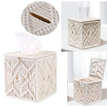 Tissue Box - Macrame - Square - Cotton - White - 15x14x14cm
