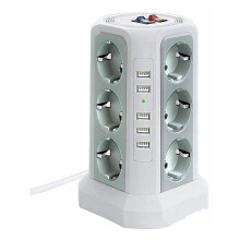 Surge-protected power strip with 5 USB ports and 12 outlets, 2 switches, white