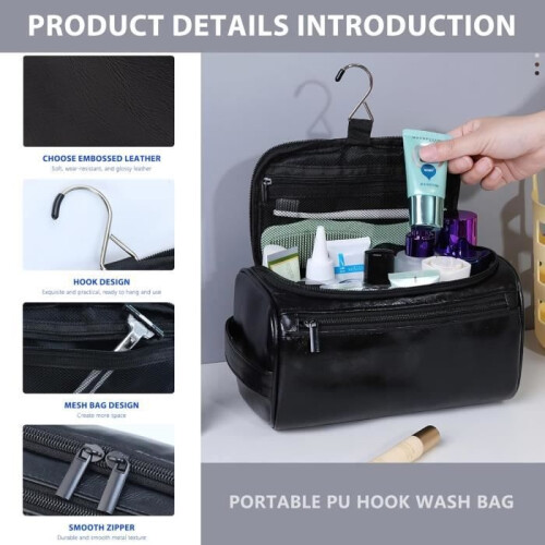 Toiletry Bag - Men's - Leather - Waterproof - Large Capacity - Black 1