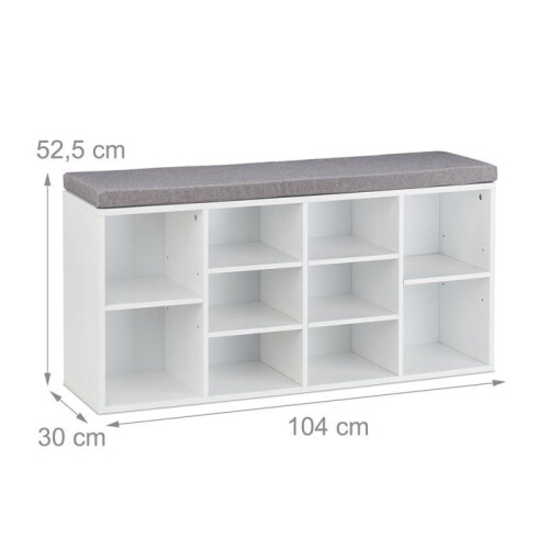 Bancs à chaussures - HELLOSHOP26 - 80 x 30 x 40 cm - Coussin d'assise - 10 compartiments - Finition blanche 1