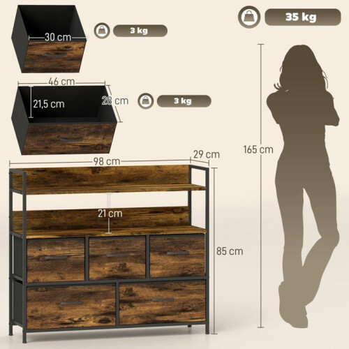 Commodes - HELLOSHOP26 - Effet bois industriel - 5 tiroirs pliables - Structure métal/MDF - 98 x 29 x 85 cm 1