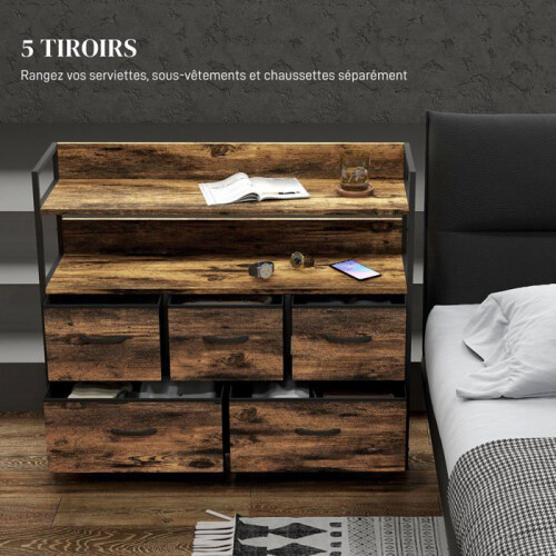 Commodes - HELLOSHOP26 - Effet bois industriel - 5 tiroirs pliables - Structure métal/MDF - 98 x 29 x 85 cm 2