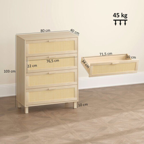 Commode - HELLOSHOP26 - 80x40x103 cm - 4 lades - Rieten fronten - Kantelbeveiliging 1