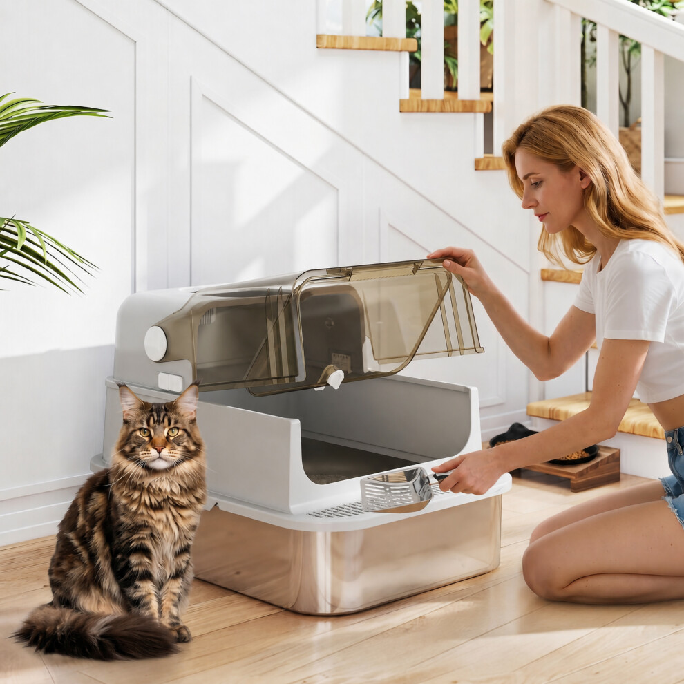 Pawhut Xxl Stainless Steel Litter Tray, Enclosed Cat Litter Box W/ Cover