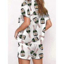 (XL) Champagne Bottles Button Pajama Set Women Printed Short Sleeve 2 Pieces Soft Loose Casual Sleepwear Comfortable Homewear HT