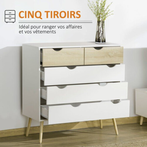 Commode - HELLOSHOP26 - 99 x 39 x 101 cm - 5 tiroirs - Design scandinave - Blanc aspect chêne clair 2