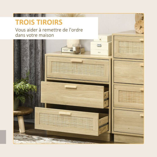 Commodes - HELLOSHOP26 - Commode 3 tiroirs - 60x38x69 cm - Façades cannage rotin - Système anti-basculement 2