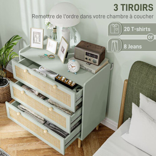 Commodes - HELLOSHOP26 - 804087,5 cm - 3 tiroirs - MDF imitation rotin - Vert olive - Anti-basculement 2