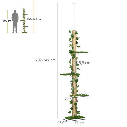 Arbre à chat - HELLOSHOP26 - Poteau réglable 202-242 cm - 4 plateformes - Fixation plafond - Vert 1