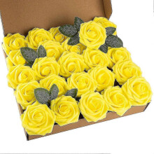 (Wine Red) 25pcs Flower Foam Rose Roses Flower Heads With Stem For Diy Wedding Bouquets Centerpieces