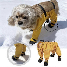 (L, Yellow) Snowsuit with Suspenders and Attached Boots for Dogs, Anti-Dirt Paw Protector Pants
