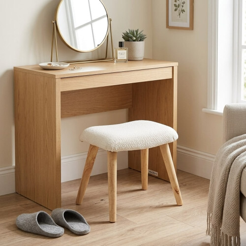White Boucle Footstool Stool with Wood Legs 1