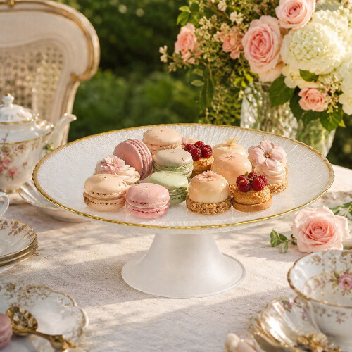 Textured Glass Cake Stand Gold Rim 2