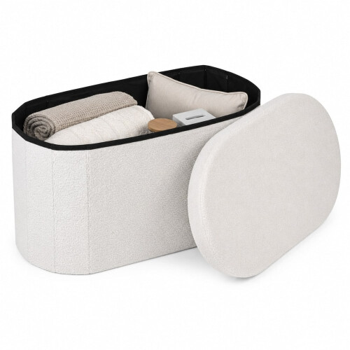 White Bouclé Oval Storage Stool Ottoman