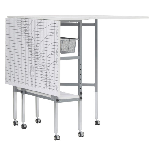 Adjustable Fabric Cutting Table with Grid & Storage Silver/White 149x91x77-100cm 2