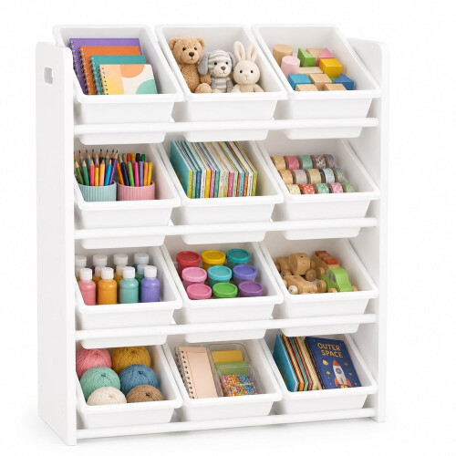 (Tall 4 Tier, White) Multi-Tier Kids Toy Storage Organiser Bins