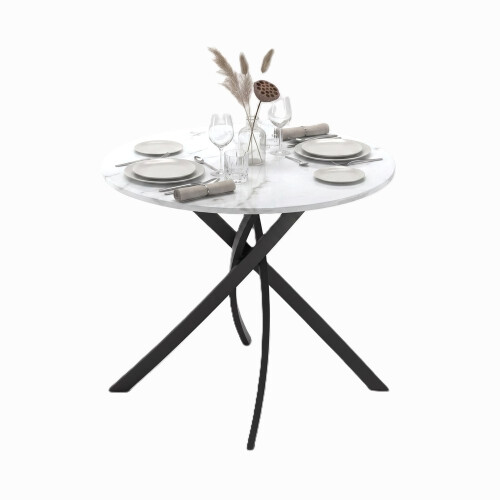 (White Marble) 80cm Round Dining Table w/ Intersecting Metal Legs