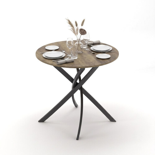 (Dark Oak) 80cm Round Dining Table w/ Intersecting Metal Legs