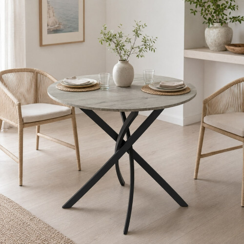 (Greige Oak) 80cm Round Dining Table w/ Intersecting Metal Legs 1