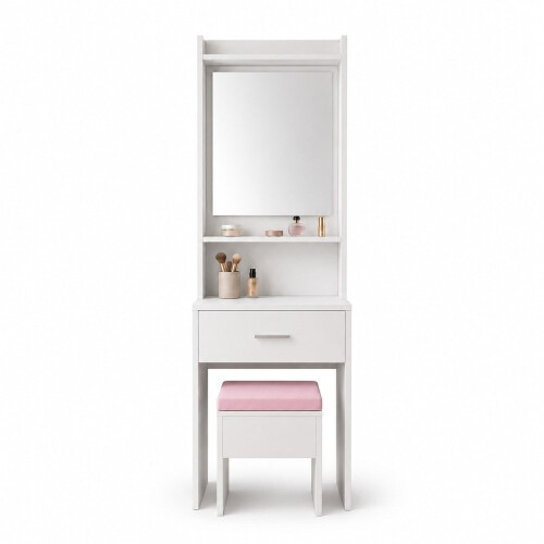 (Pink Stool) White Dressing Table w/ Mirror Drawer and Stool