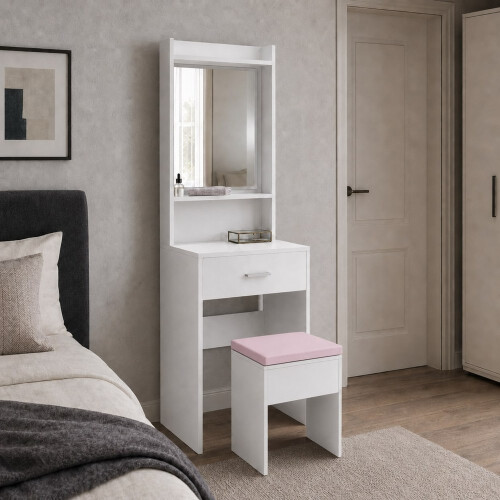 (Pink Stool) White Dressing Table w/ Mirror Drawer and Stool 1