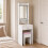 (Pink Stool) White Dressing Table w/ Mirror Drawer and Stool 3