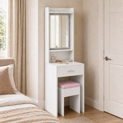 (Pink Stool) White Dressing Table w/ Mirror Drawer and Stool 2