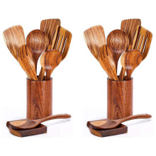 18 Cucharas de Madera para Cocinar, Utensilios de Madera para Cocinar con Soporte para Utensilios, Juego de Utensilios de Cocina de Madera de Teca