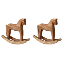 2X Cavallo A Dondolo In Legno Intagliato Vintage, Decorato con Statuette di Artigianali In Legno Intagliato per La Decorazione Della Casa