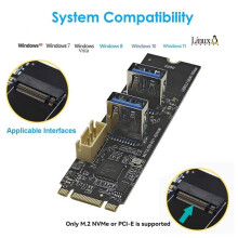 Placa Riser de Expansão M.2 Key M PCIe para USB 3.2 Gen1 5Gbps, Adaptador M.2 NVMe para 2 Portas USB 3.0 para Computador Desktop