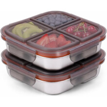 Lot de 2 Boîtes à Goûter en Acier Inoxydable avec Couvercles Hermétiques, 4 Compartiments
