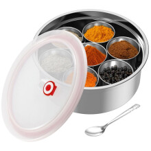 Caja para especias Qenwkxz Masala Dabba, recipiente de acero inoxidable de 7 compartimentos con tapa transparente y cuchara, 25 x 9,4 cm, compatible
