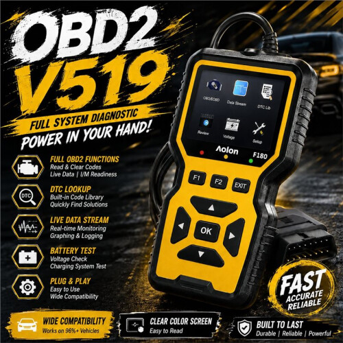 V519 OBDII Scanner Professional Engine Fault Code Reader with Live Data and Battery Voltage Monitor